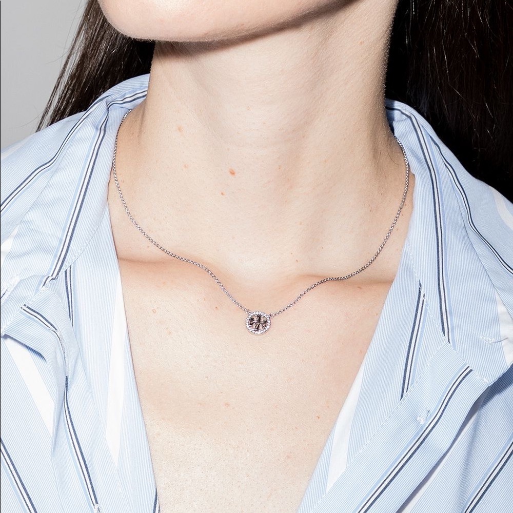 Tory Burch Silver Necklace Gemstone Logo Pendant